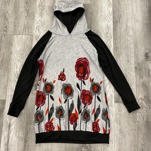 Women Long Hoodie Gray and Black With Flowers Size Large